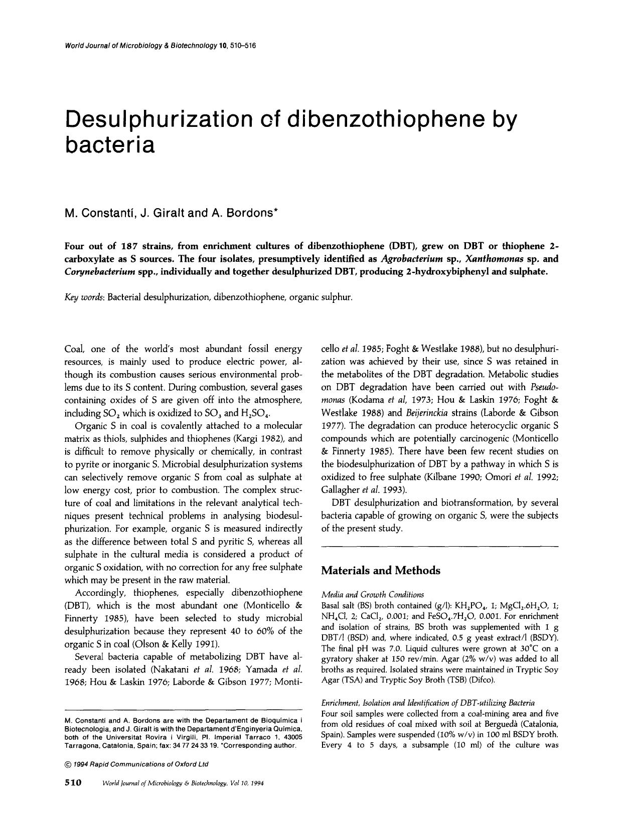 Desulphurization of dibenzothiophene by bacteria by Unknown