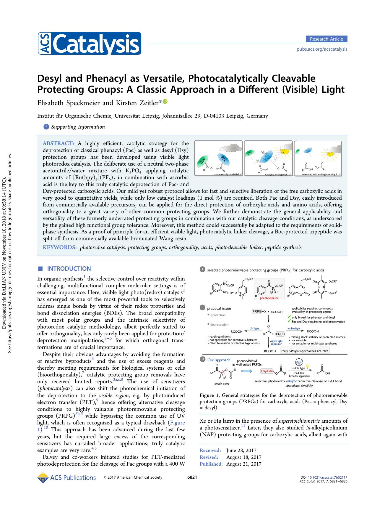 Desyl and Phenacyl as Versatile, Photocatalytically Cleavable Protecting Groups: A Classic Approach in a Different (Visible) Light by Elisabeth Speckmeier & Kirsten Zeitler