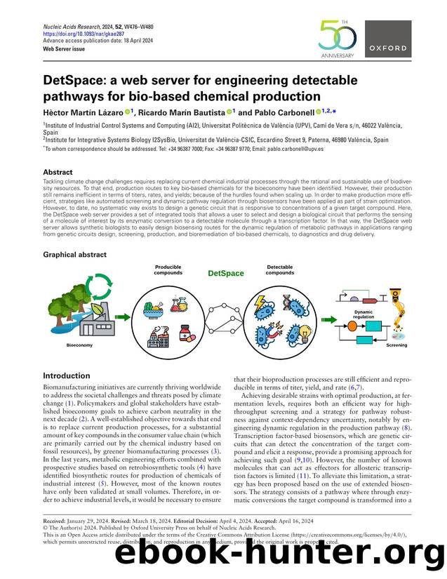 DetSpace: a web server for engineering detectable pathways for bio-based chemical production by Hèctor Martín Lázaro & Ricardo Marín Bautista & Pablo Carbonell