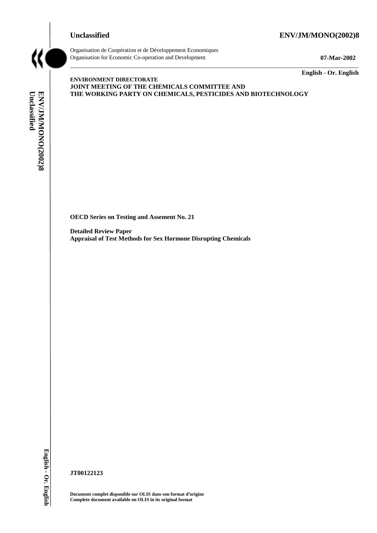 Detailed Review Paper Appraisal of Test Methods for Sex Hormone Disrupting Chemicals by OECD
