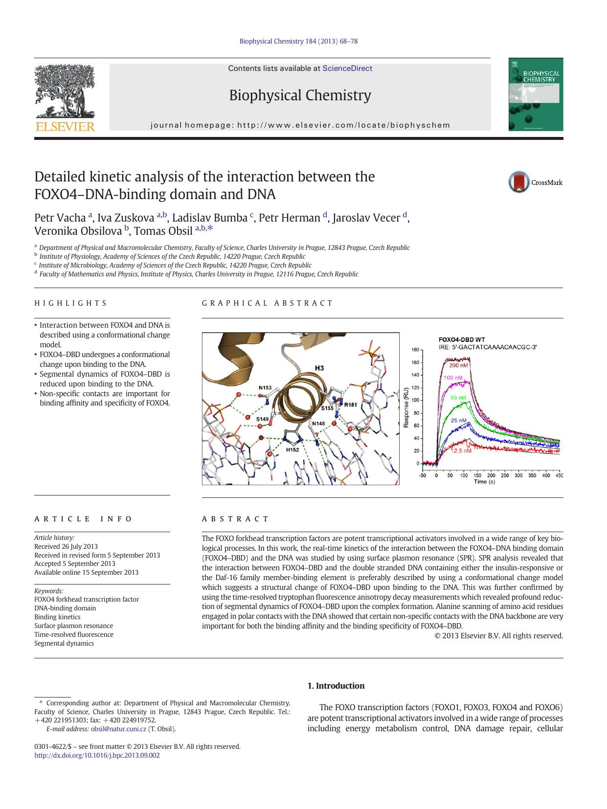 Detailed kinetic analysis of the interaction between the FOXO4âDNA-binding domain and DNA by unknow
