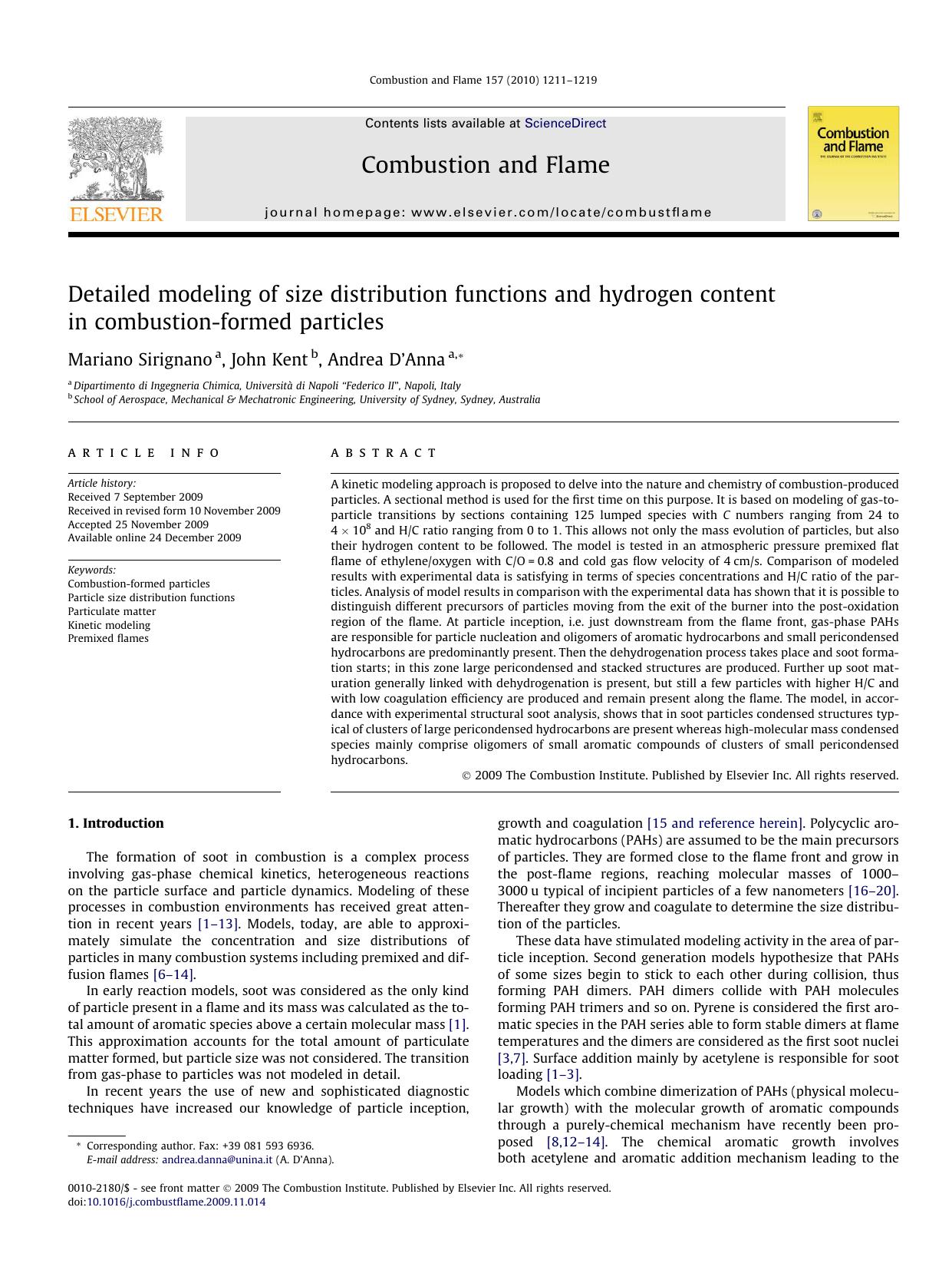 Detailed modeling of size distribution functions and hydrogen content in combustion-formed particles by Mariano Sirignano; John Kent; Andrea D’Anna