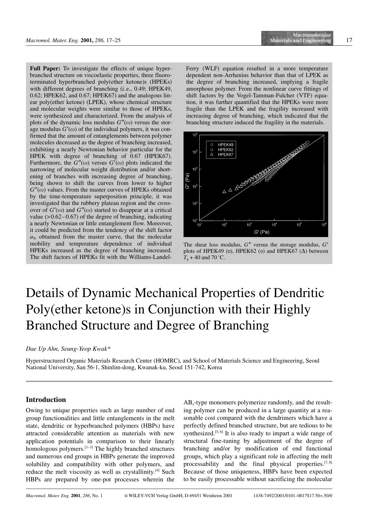 Details of Dynamic Mechanical Properties of Dendritic Poly(ether ketone)s in Conjunction with their Highly Branched Structure and Degree of Branching by Unknown
