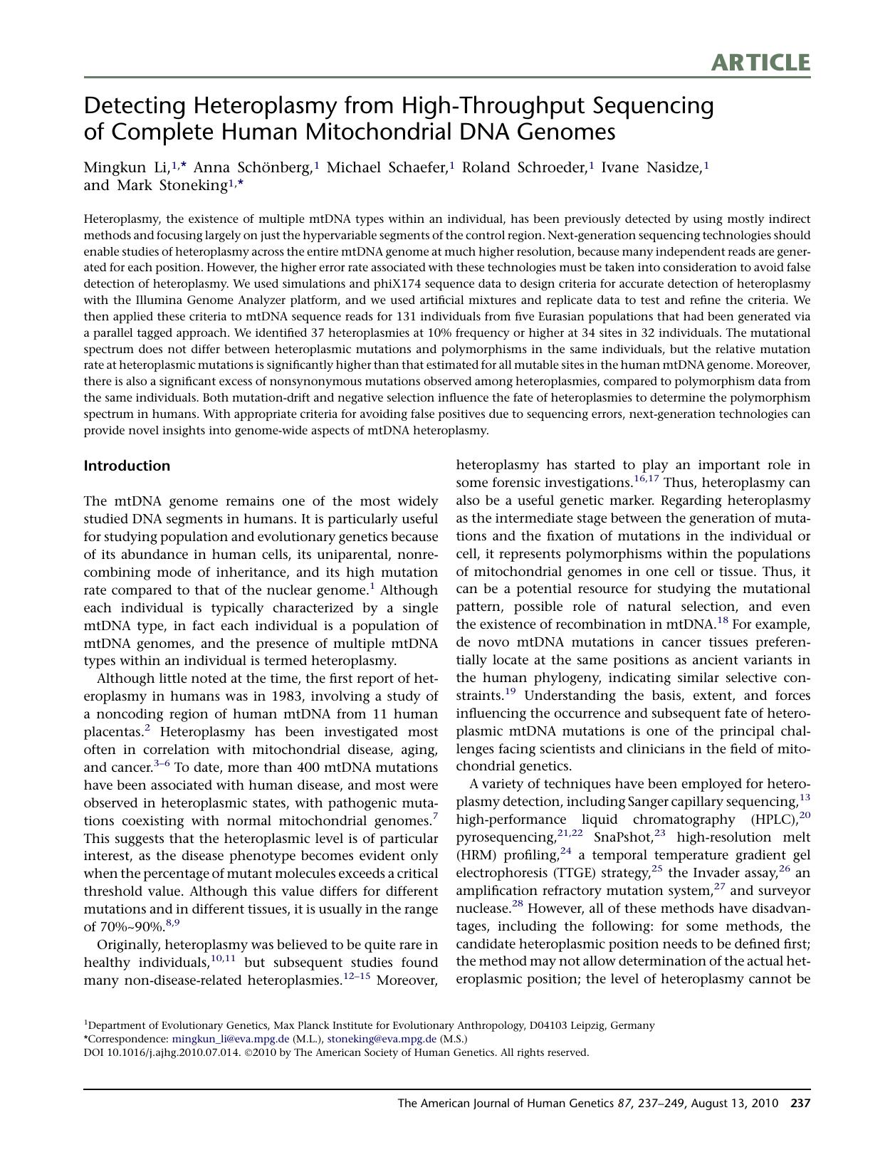 Detecting Heteroplasmy from High-Throughput Sequencing of Complete Human Mitochondrial DNA Genomes by Mingkun Li & Anna Schönberg & Michael Schaefer & Roland Schroeder & Ivane Nasidze & Mark Stoneking