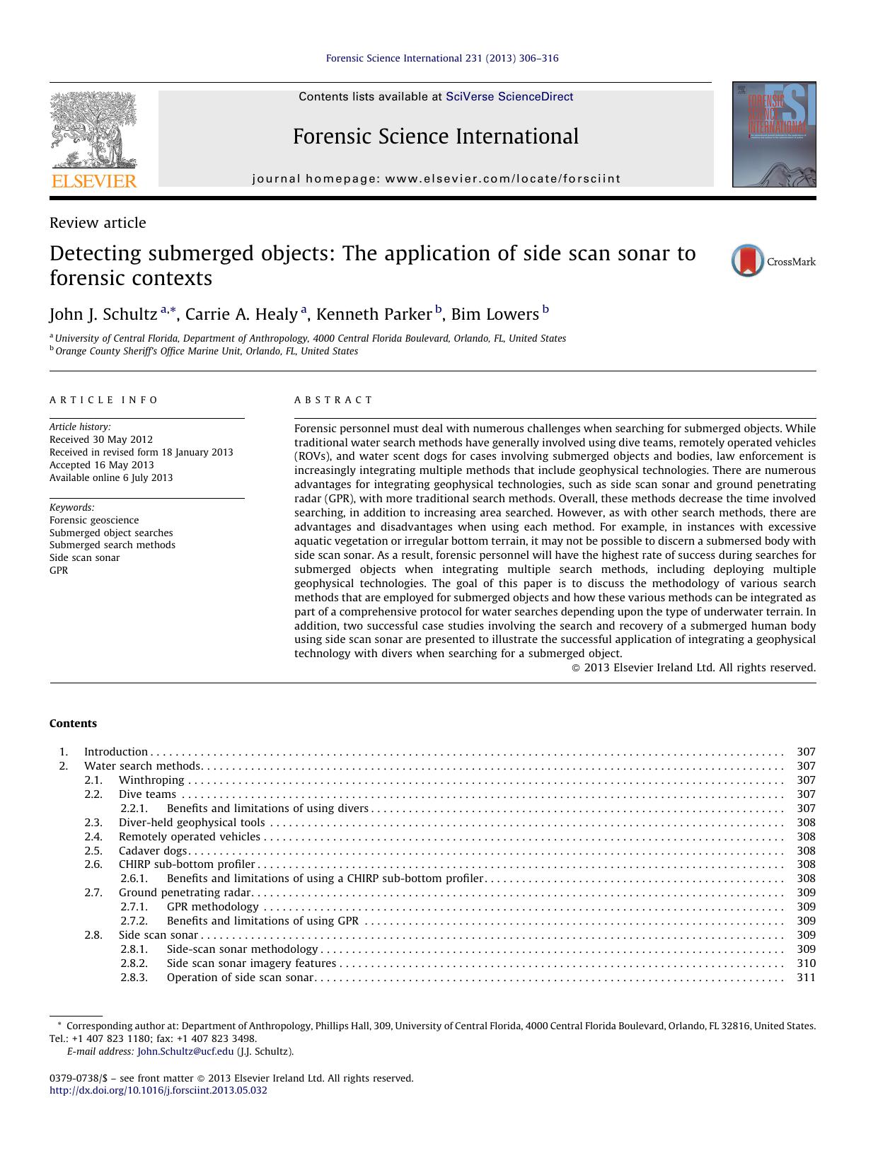 Detecting submerged objects: The application of side scan sonar to forensic contexts by John J. Schultz & Carrie A. Healy & Kenneth Parker & Bim Lowers
