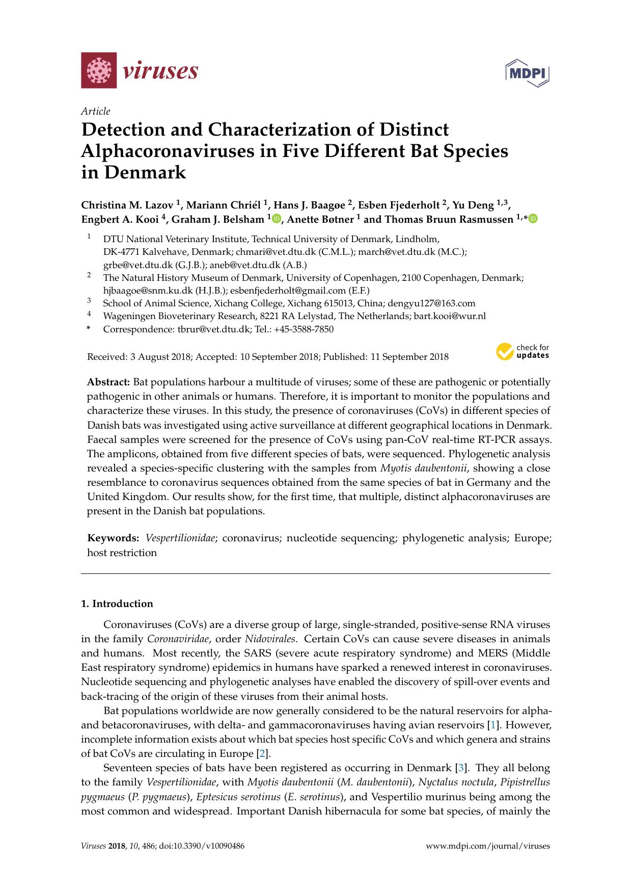 Detection and Characterization of Distinct Alphacoronaviruses in Five Different Bat Species in Denmark by unknow
