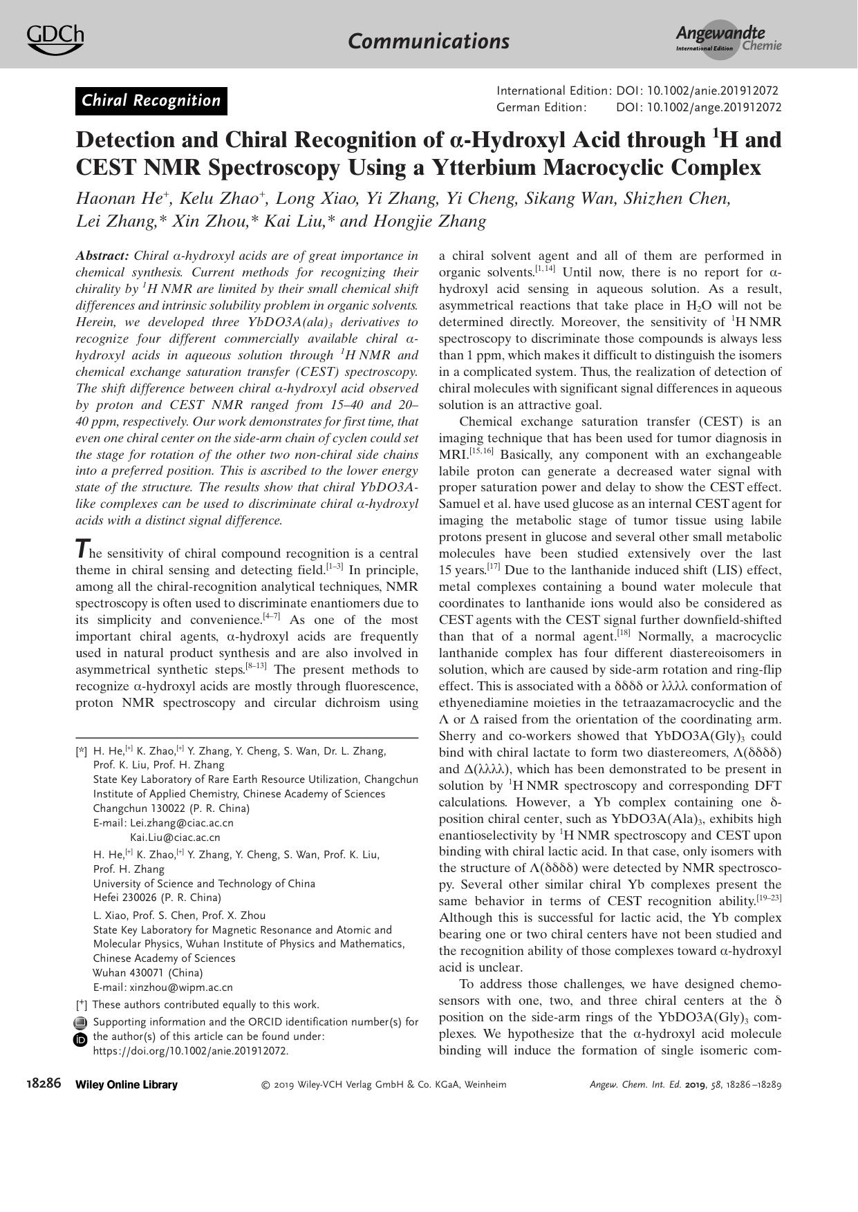 Detection and Chiral Recognition of Î±âHydroxyl Acid through 1H and CEST NMR Spectroscopy Using a Ytterbium Macrocyclic Complex by Unknown
