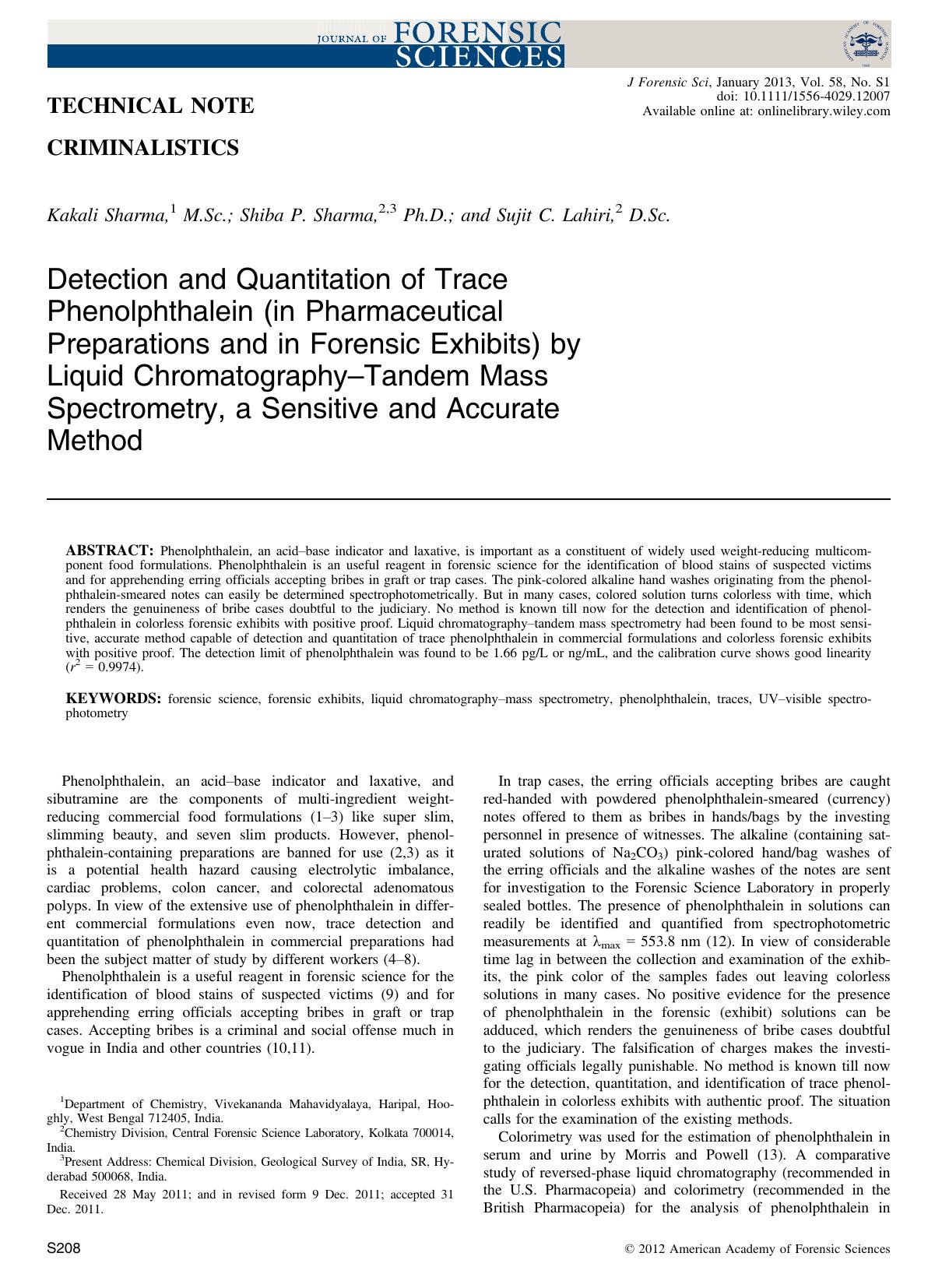 Detection and Quantitation of Trace Phenolphthalein (in Pharmaceutical Preparations and in Forensic Exhibits) by Liquid ChromatographyTandem Mass Spectrometry, a Sensitive and Accurate Method by Unknown