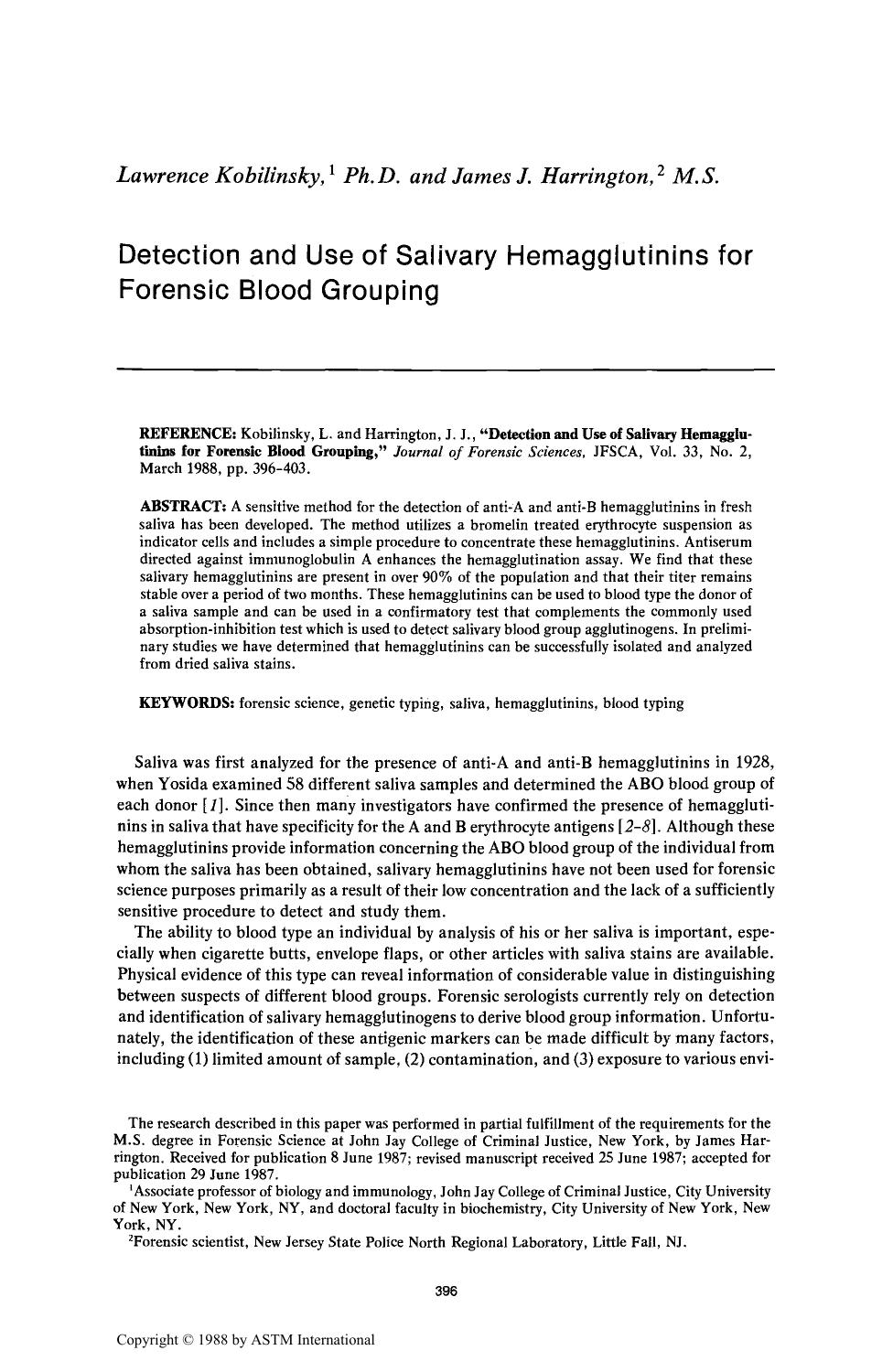 Detection and Use of Salivary Hemagglutinins for Forensic Blood Grouping by Kobilinsky L Harrington JJ