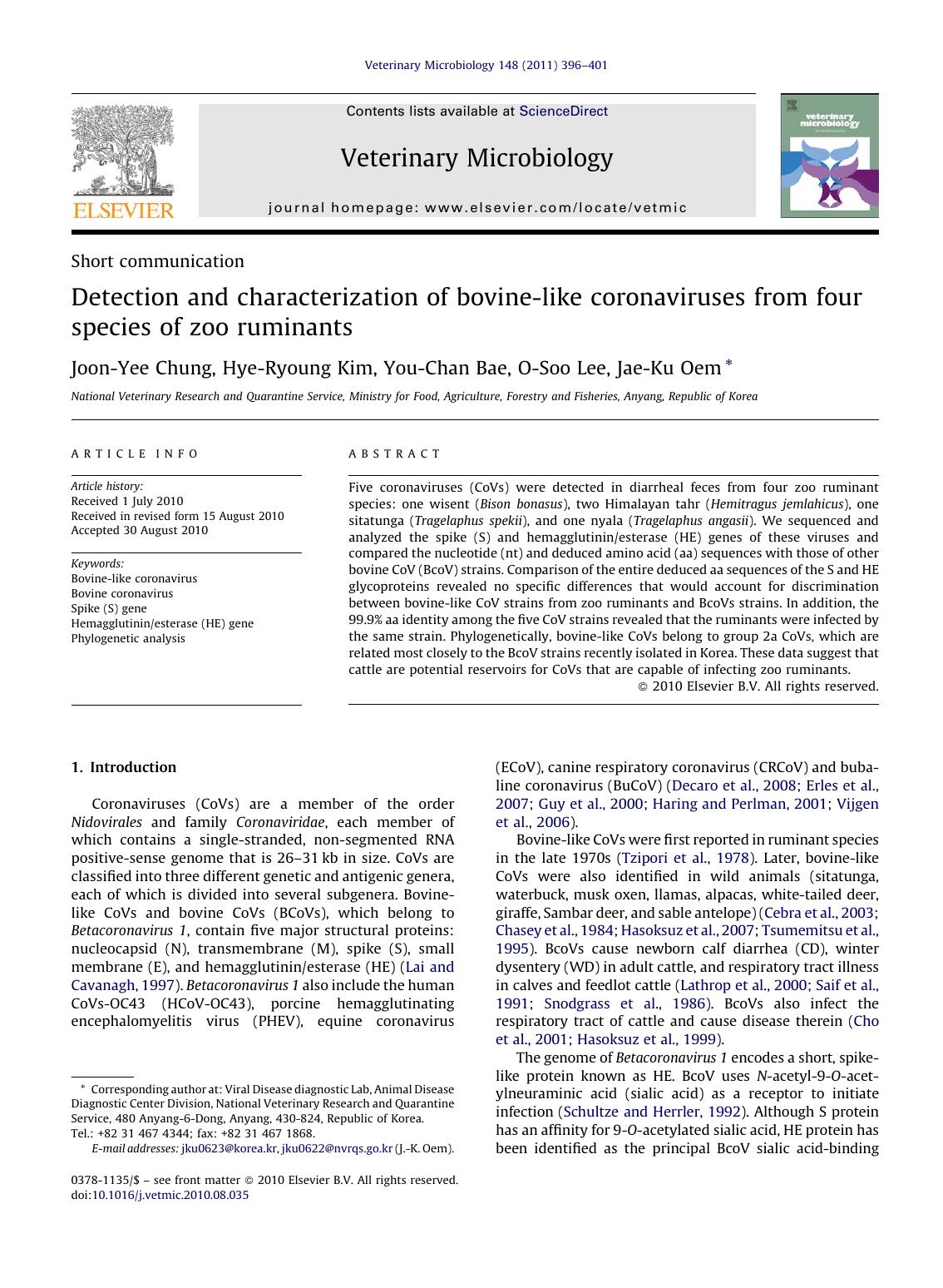 Detection and characterization of bovine-like coronaviruses from four species of zoo ruminants by Joon-Yee Chung