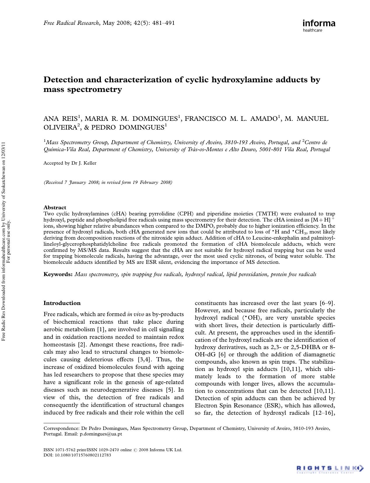 Detection and characterization of cyclic hydroxylamine adducts by mass spectrometry by unknow