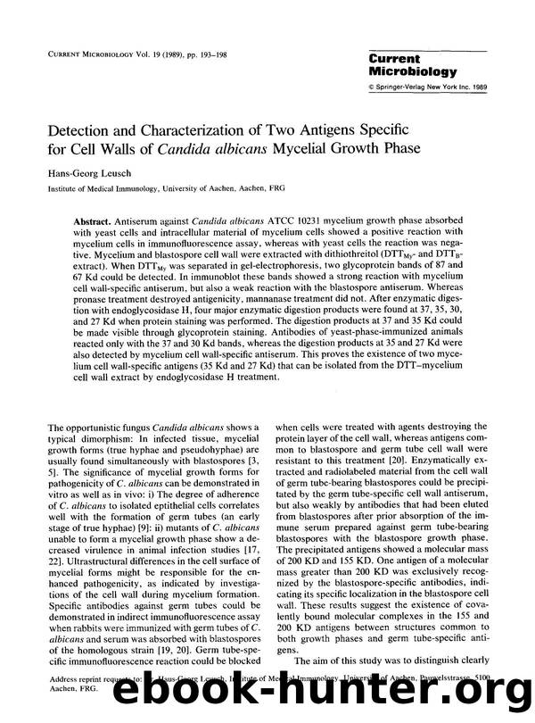 Detection and characterization of two antigens specific for cell walls of <Emphasis Type="Italic">Candida albicans <Emphasis> mycelial growth phase by Unknown