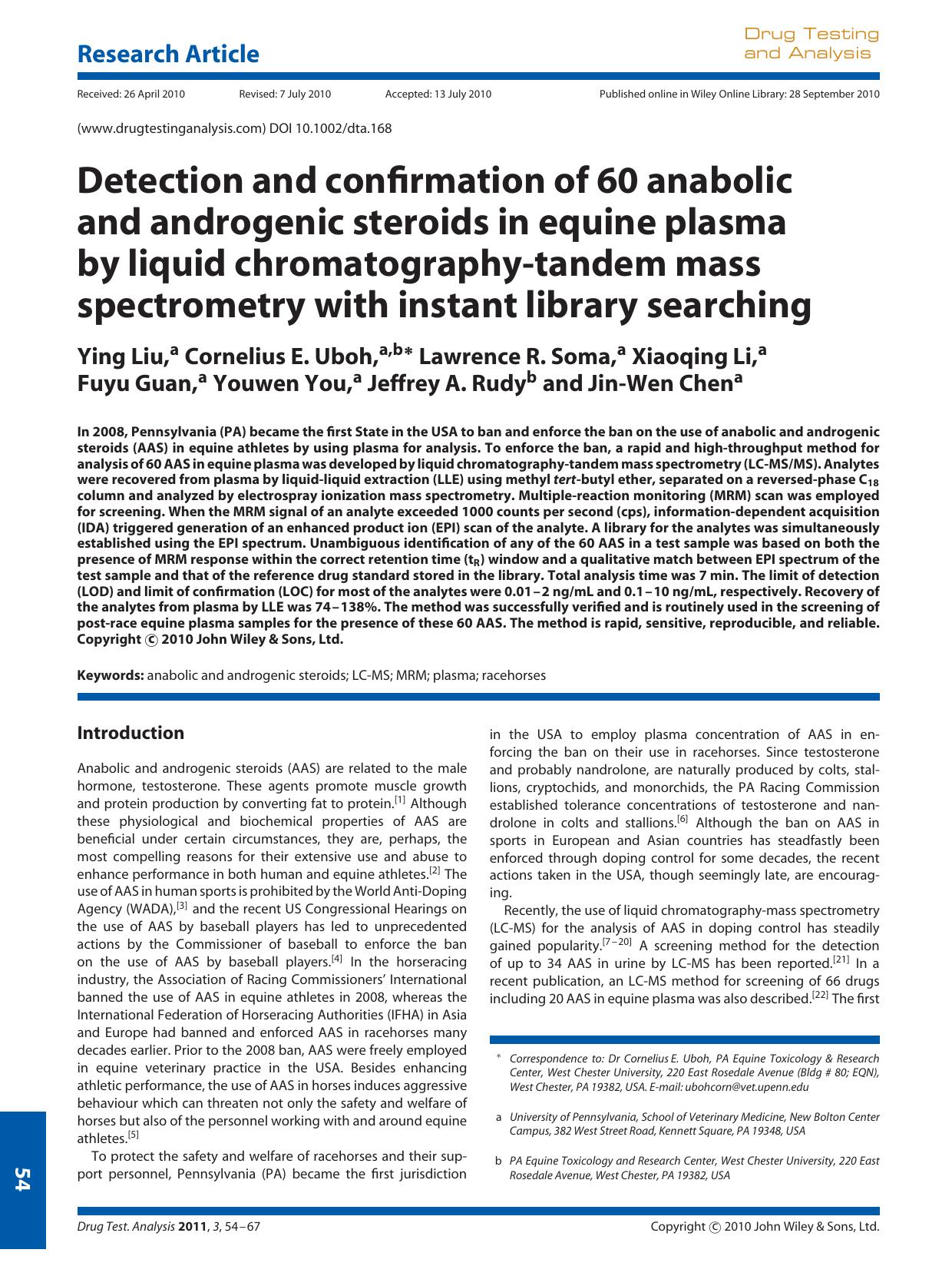 Detection and confirmation of 60 anabolic and androgenic steroids in equine plasma by liquid chromatographytandem mass spectrometry with instant library searching by Unknown