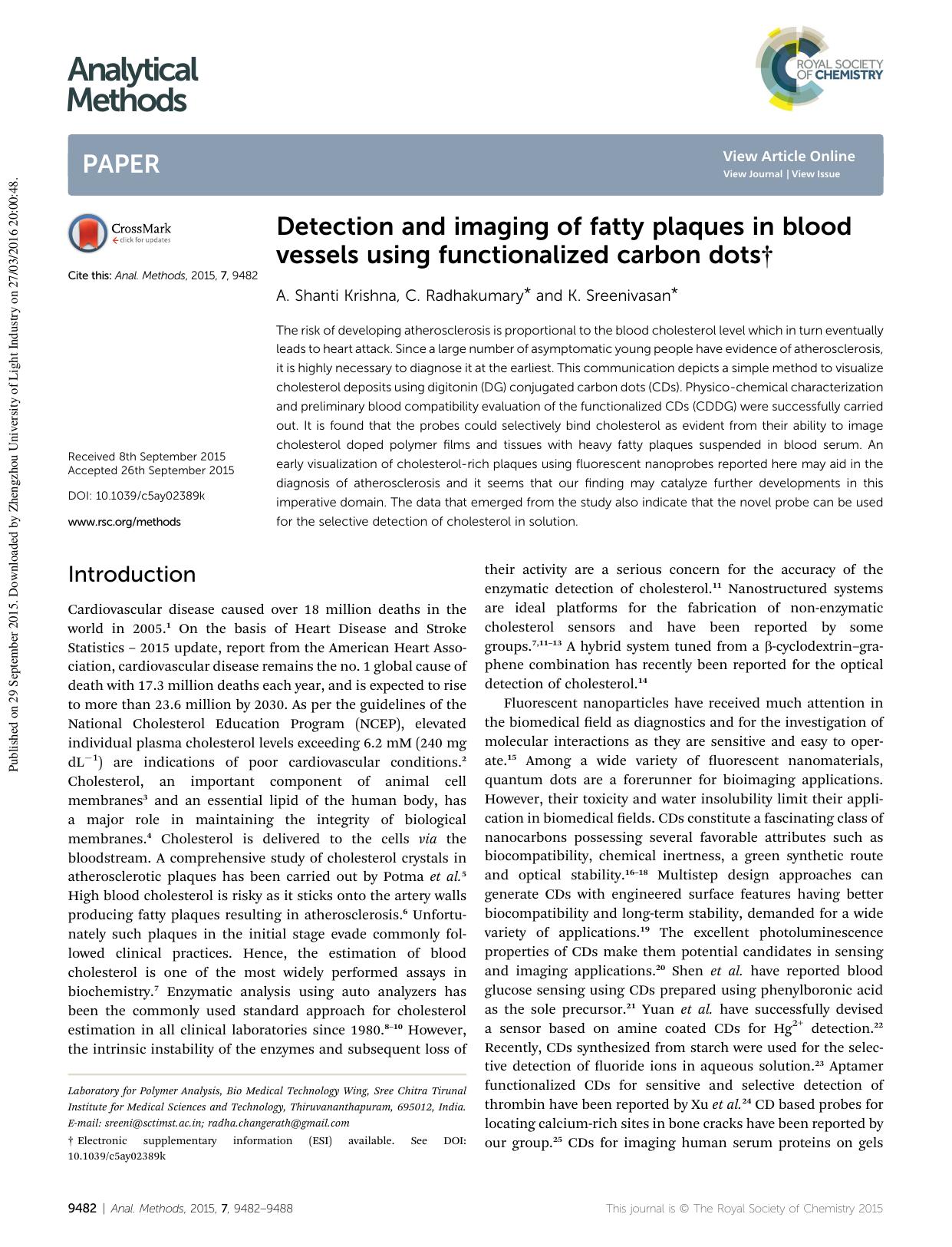 Detection and imaging of fatty plaques in blood vessels using functionalized carbon dots by A. Shanti Krishna & C. Radhakumary & K. Sreenivasan