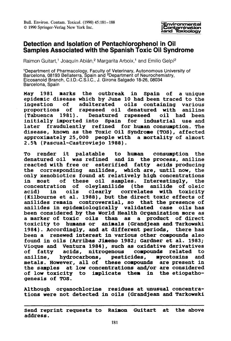 Detection and isolation of pentachlorophenol in oil samples associated with the Spanish toxic oil syndrome by Unknown
