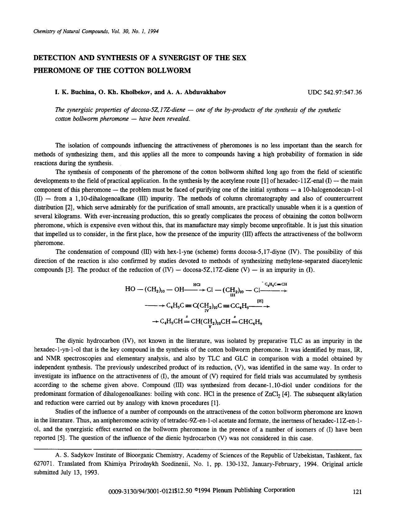 Detection and synthesis of a synergist of the sex pheromone of the cotton bollworm by Unknown