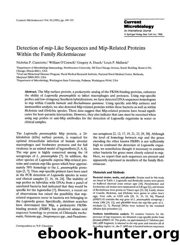 Detection of <Emphasis Type="Italic">mip<Emphasis>-like sequences and mip-related proteins within the family <Emphasis Type="Italic">Rickettsiaceae<Emphasis> by Unknown