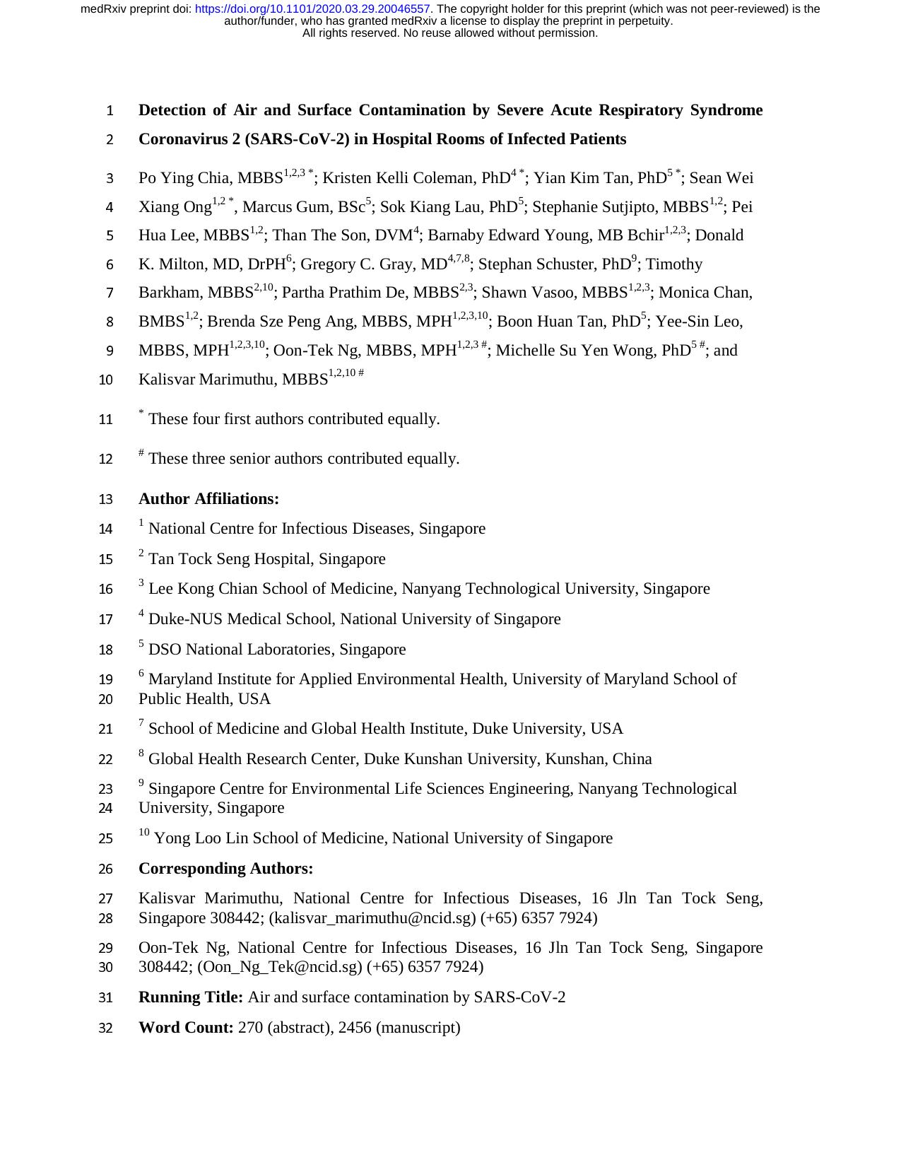 Detection of Air and Surface Contamination by Severe Acute Respiratory Syndrome Coronavirus 2 (SARS-CoV-2) in Hospital Rooms of Infected Patients by Po Ying Chia