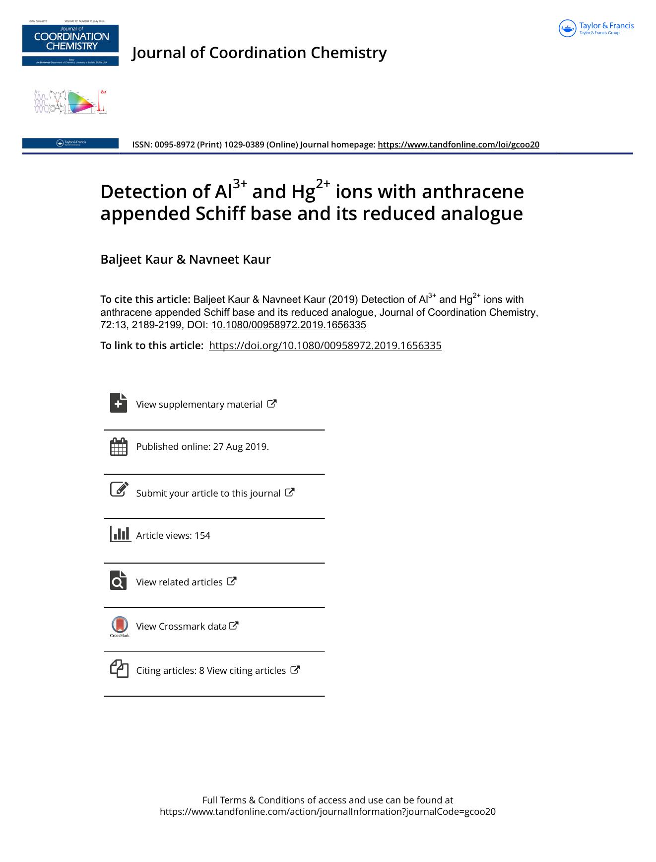 Detection of Al3+ and Hg2+ ions with anthracene appended Schiff base and its reduced analogue by Kaur Baljeet & Kaur Navneet