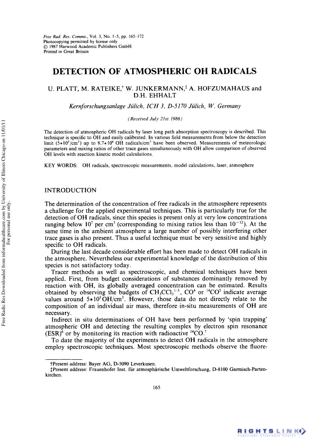 Detection of Atmospheric Oh Radicals by U. Platt1 M. Rateike1 2 W. Junkermann1 3 A. Hofzumahaus1 & D. H. Ehhalt1