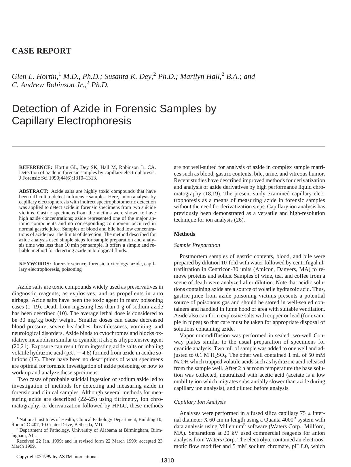Detection of Azide in forensic samples by capillary electrophoresis by Hortin GL Dey SK Hall M Robinson CA Jr