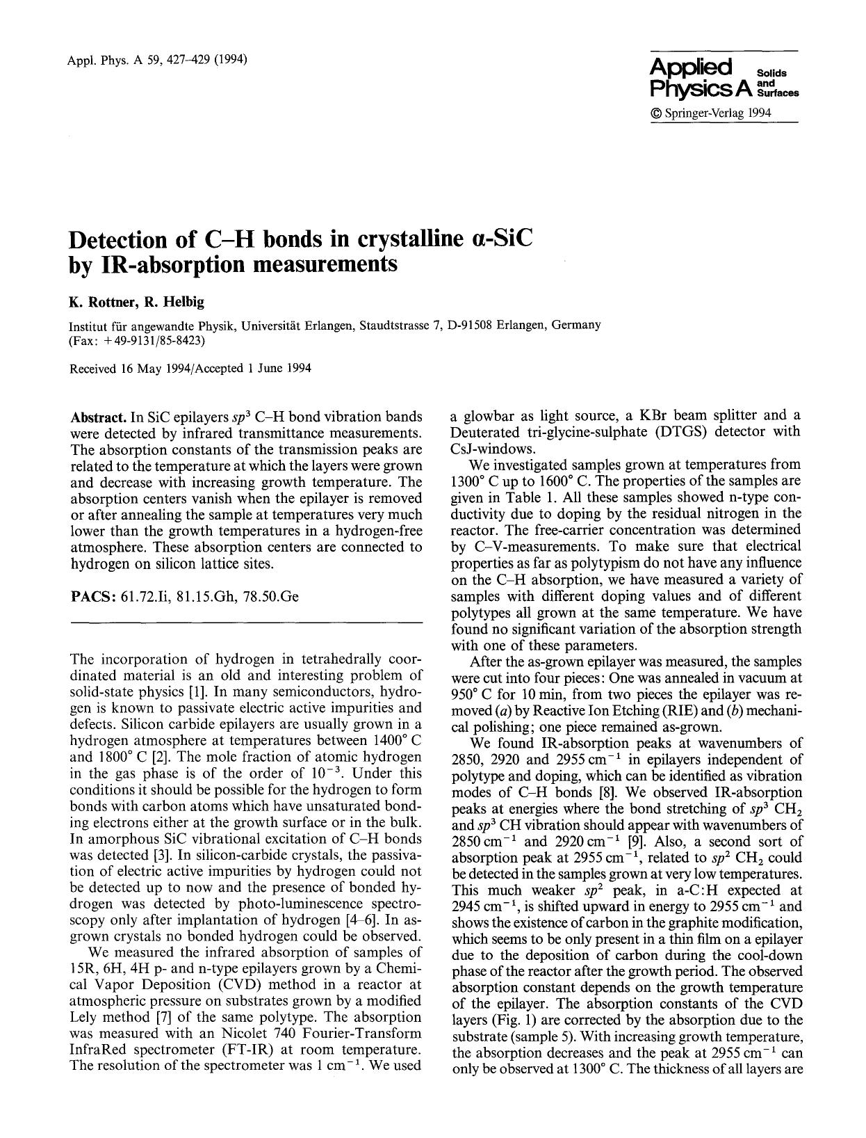 Detection of C–H bonds in crystalline α-SiC by IR-absorption measurements by Unknown