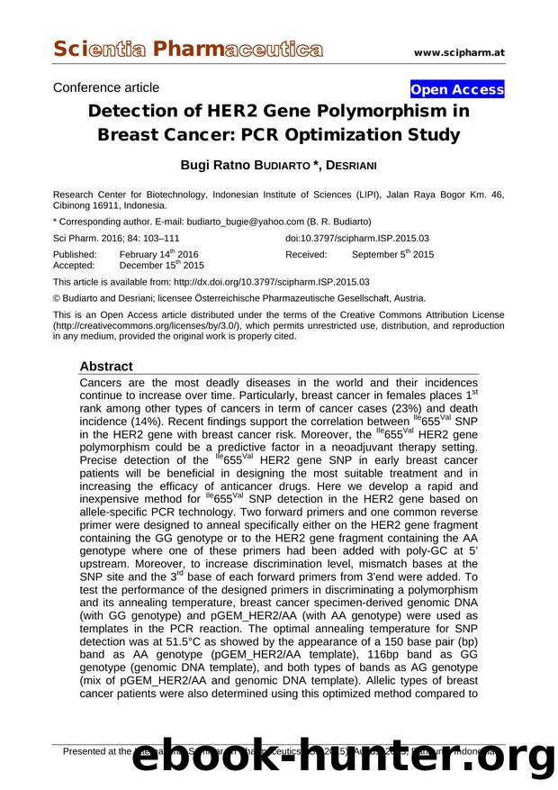 Detection of HER2 Gene Polymorphism in Breast Cancer: PCR Optimization Study by Bugi Ratno BUDIARTO DESRIANI