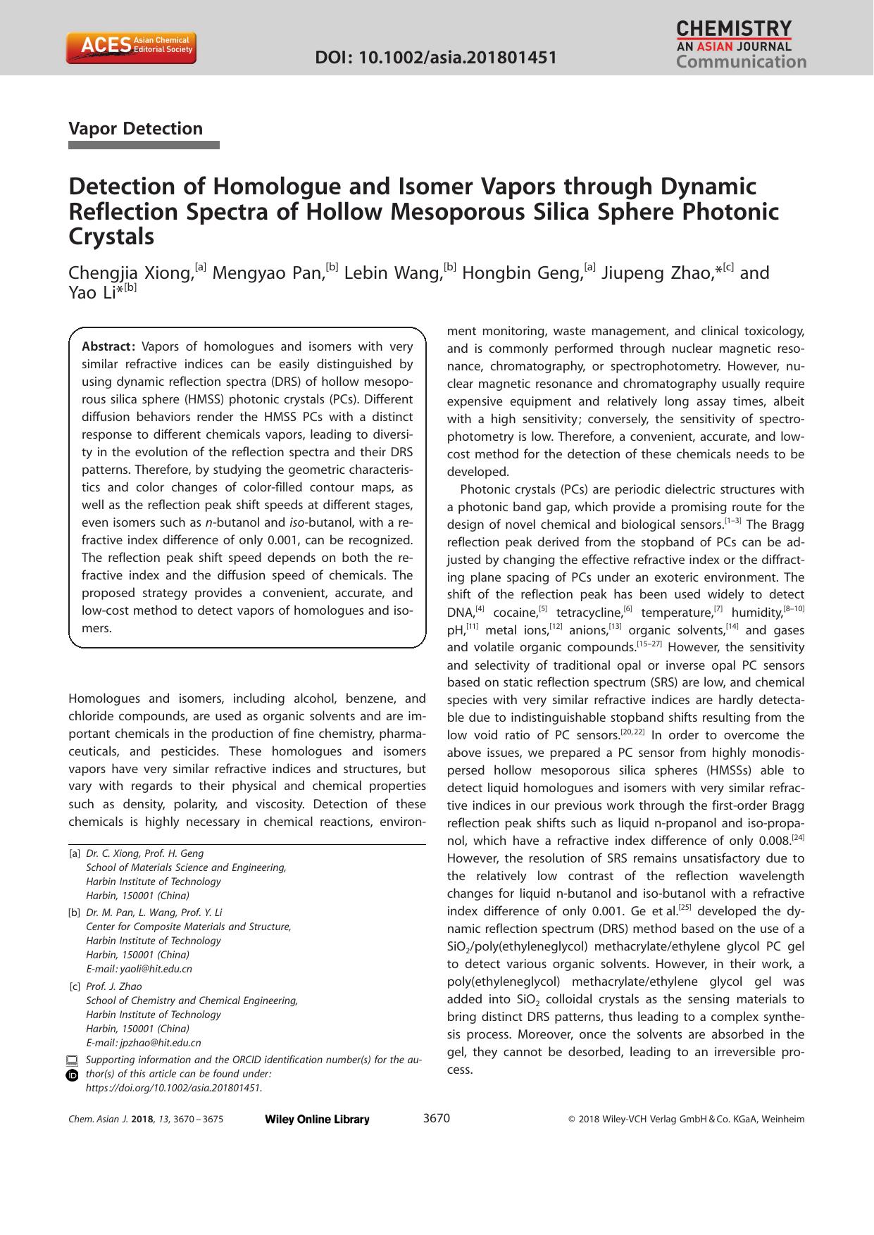 Detection of Homologue and Isomer Vapors through Dynamic Reflection Spectra of Hollow Mesoporous Silica Sphere Photonic Crystals by Unknown