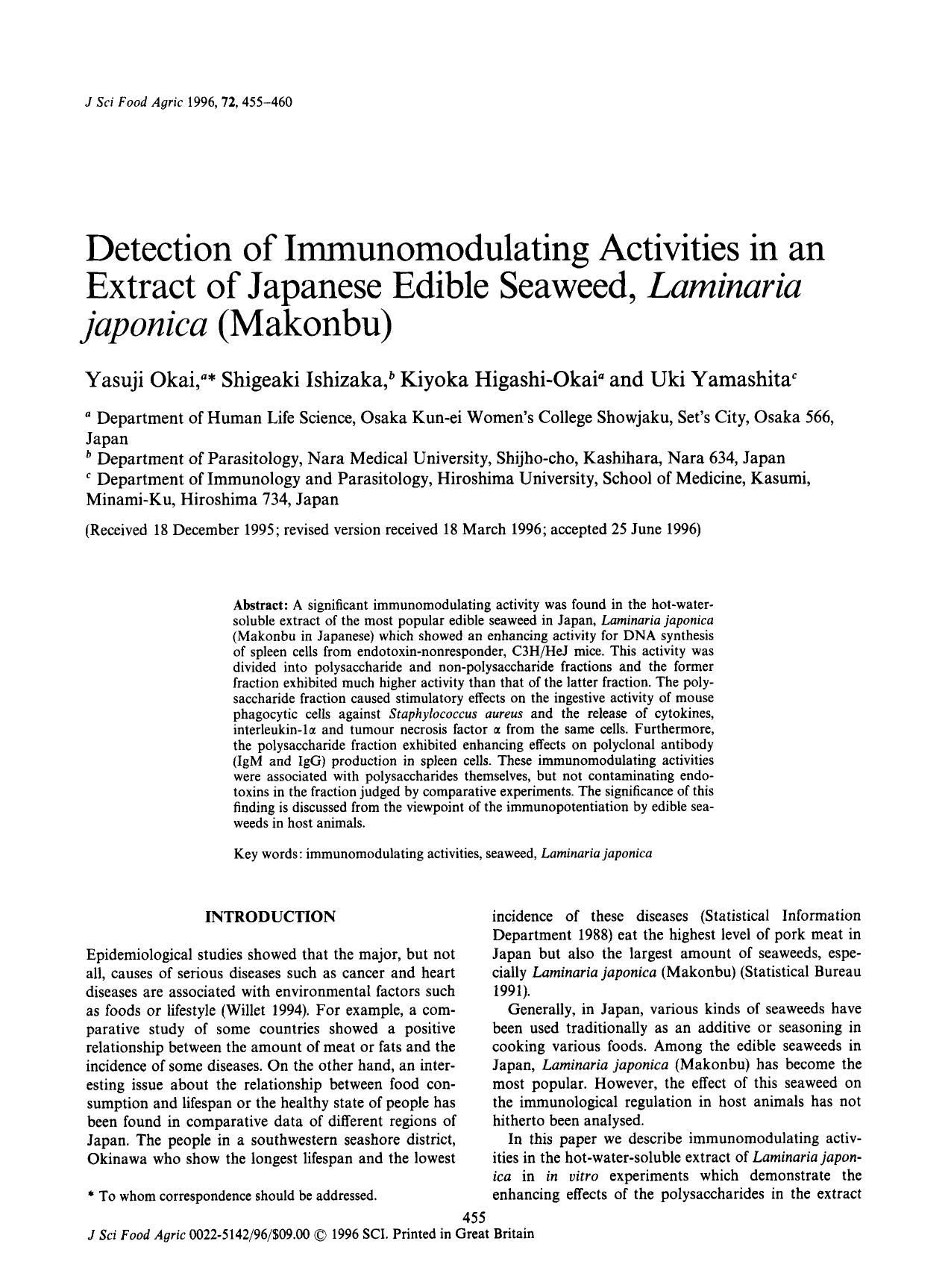 Detection of Immunomodulating Activities in an Extract of Japanese Edible Seaweed, Laminaria japonica (Makonbu) by Unknown