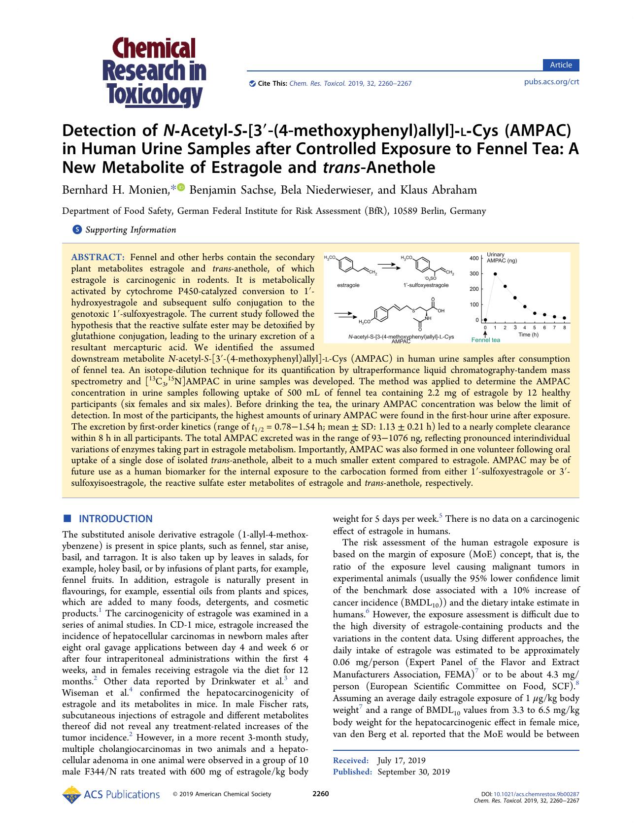 Detection of N-Acetyl-S-[3â²-(4-methoxyphenyl)allyl]-l-Cys (AMPAC) in Human Urine Samples after Controlled Exposure to Fennel Tea: A New Metabolite of Estragole and trans-Anethole by Bernhard H. Monien Benjamin Sachse Bela Niederwieser and Klaus Abraham