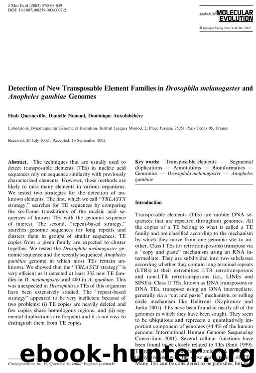 Detection of New Transposable Element Families in Drosophila melanogaster and Anopheles gambiae Genomes by Quesneville H. et al