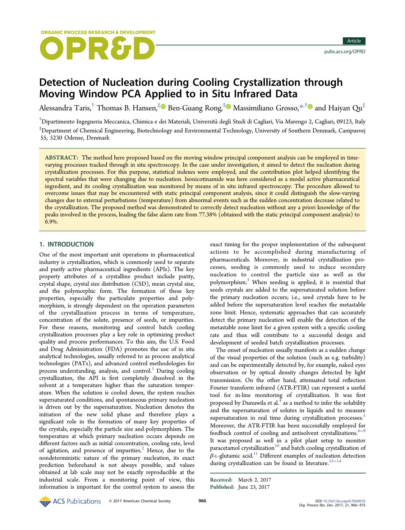 Detection of Nucleation during Cooling Crystallization through Moving Window PCA Applied to in Situ Infrared Data by Alessandra Taris Thomas B. Hansen Ben-Guang Rong Massimiliano Grosso & Haiyan Qu