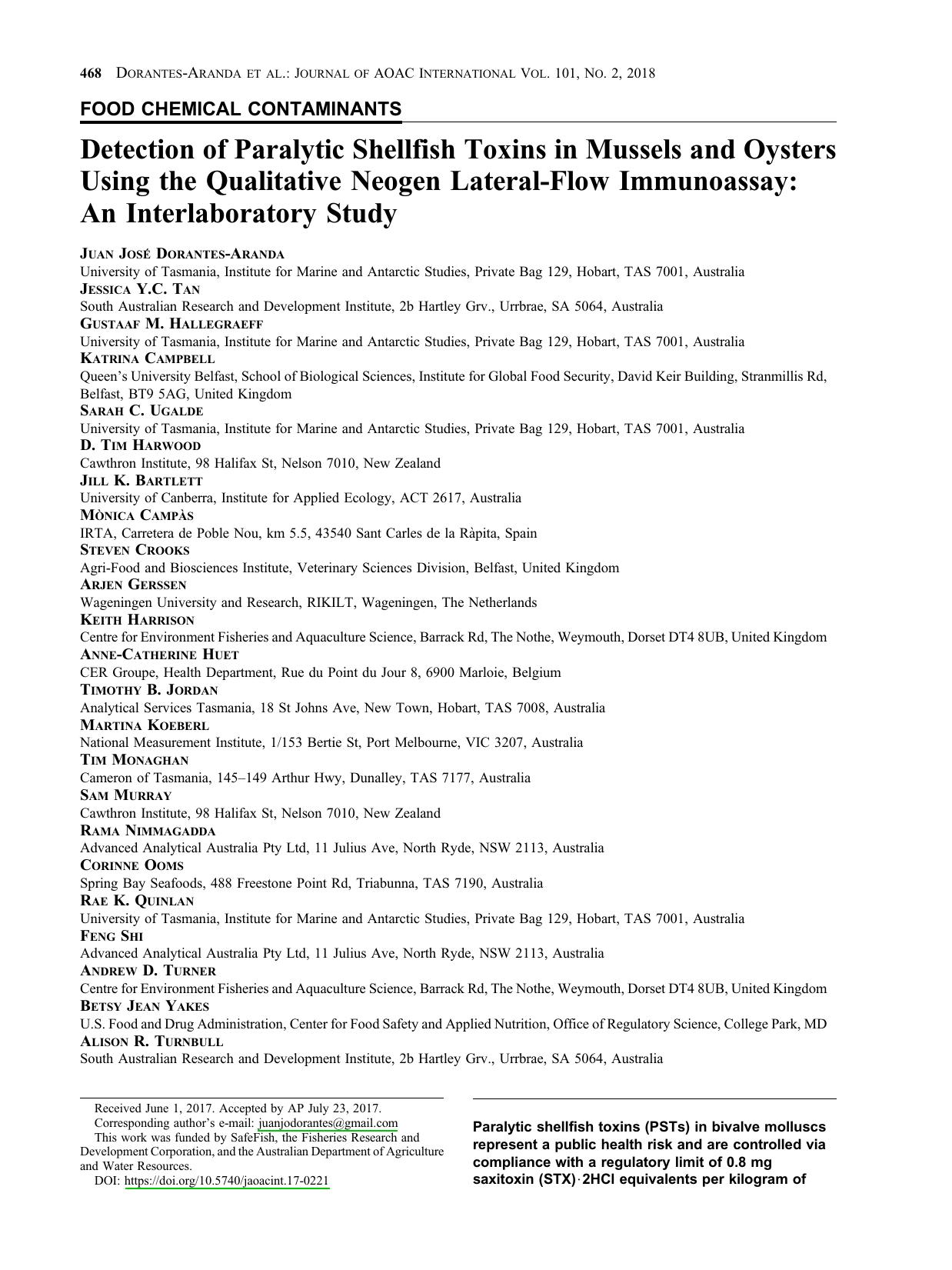 Detection of Paralytic Shellfish Toxins in Mussels and Oysters Using the Qualitative Neogen Lateral-Flow Immunoassay: An Interlaboratory Study by unknow