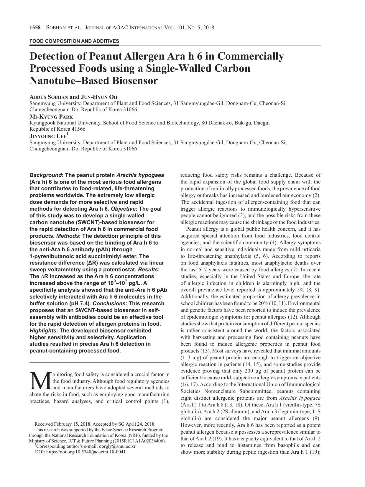 Detection of Peanut Allergen Ara h 6 in Commercially Processed Foods using a Single-Walled Carbon NanotubeÃÅBased Biosensor by Abdus Sobhan ; Jun-Hyun Oh ; Mi-Kyung Park ; Jinyoung Lee