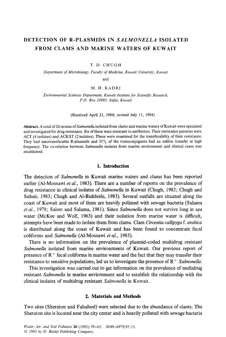 Detection of R-plasmids in <Emphasis Type="Italic">Salmonella<Emphasis> isolated from clams and marine waters of Kuwait by Unknown