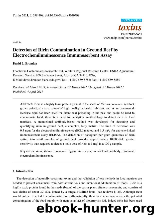 Detection of Ricin Contamination in Ground Beef by Electrochemiluminescence Immunosorbent Assay by David L. Brandon