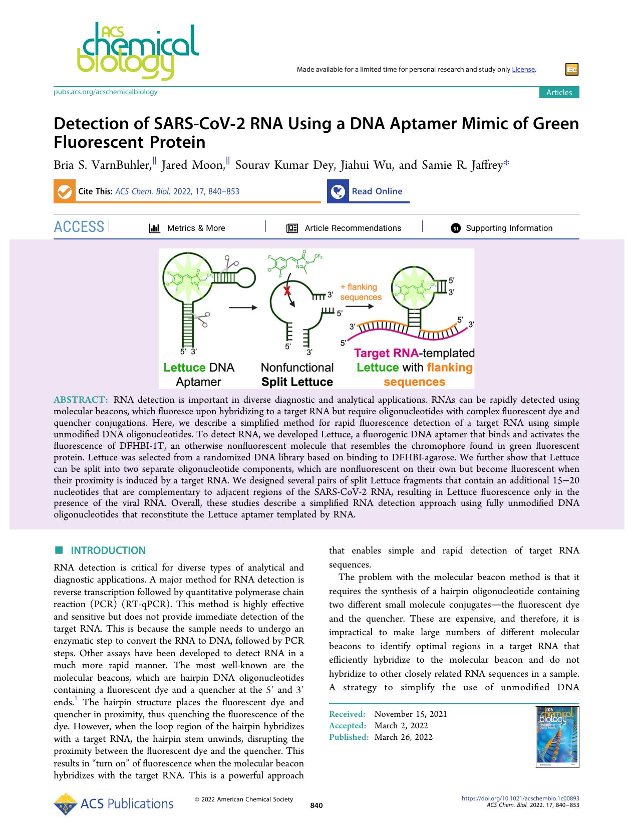 Detection of SARS-CoV-2 RNA Using a DNA Aptamer Mimic of Green Fluorescent Protein by Bria S. VarnBuhler Jared Moon Sourav Kumar Dey Jiahui Wu and Samie R. Jaffrey