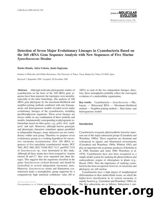 Detection of Seven Major Evolutionary Lineages in Cyanobacteria Based on the 16S rRNA Gene Sequence Analysis with New Sequences of Five Marine Synechoccocus Strains by Honda D. et al