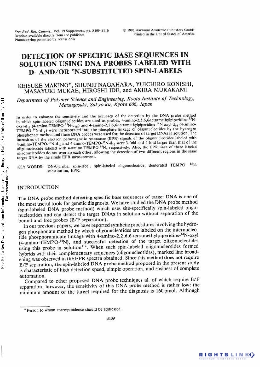 Detection of Specific Base Sequences in Solution Using DNA Probes Labeled with D- andor 15N-substituted Spin-labels by unknow