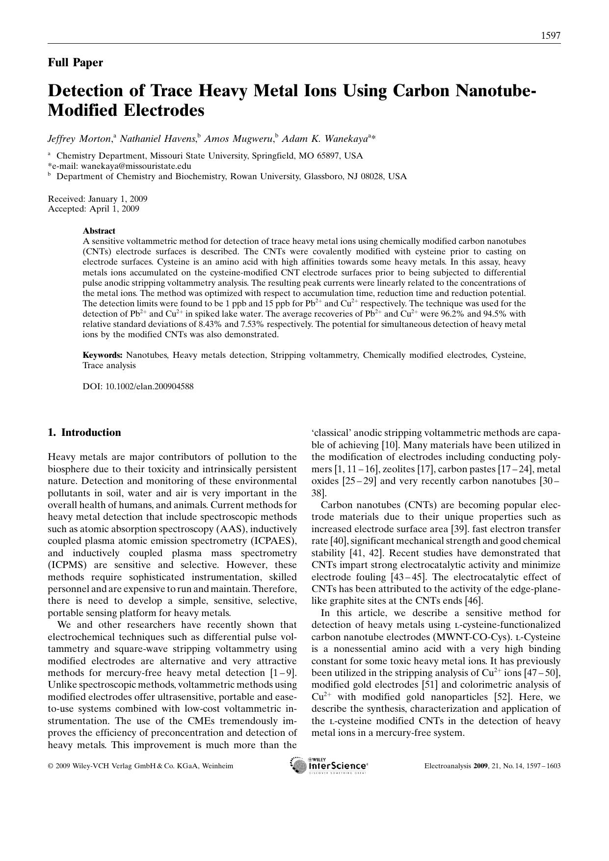 Detection of Trace Heavy Metal Ions Using Carbon Nanotube- Modified Electrodes by Unknown