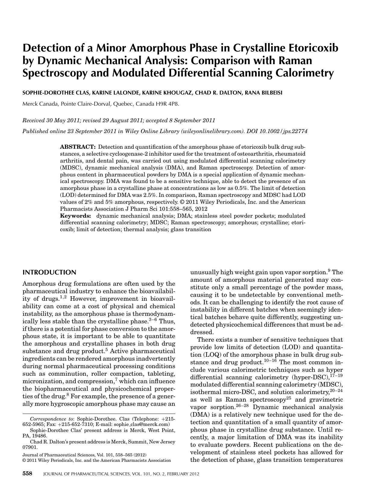 Detection of a minor amorphous phase in crystalline etoricoxib by dynamic mechanical analysis: Comparison with raman spectroscopy and modulated differential scanning calorimetry by Unknown