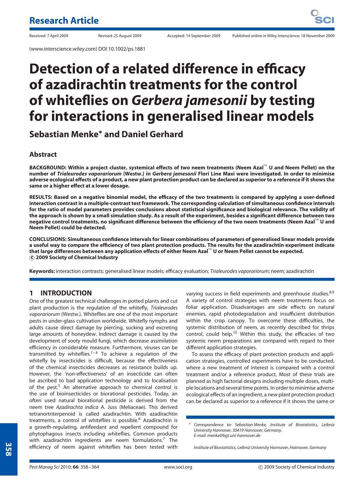 Detection of a related difference in efficacy of azadirachtin treatments for the control of whiteflies on Gerbera jamesonii by testing for interactions in generalised linear models by Unknown