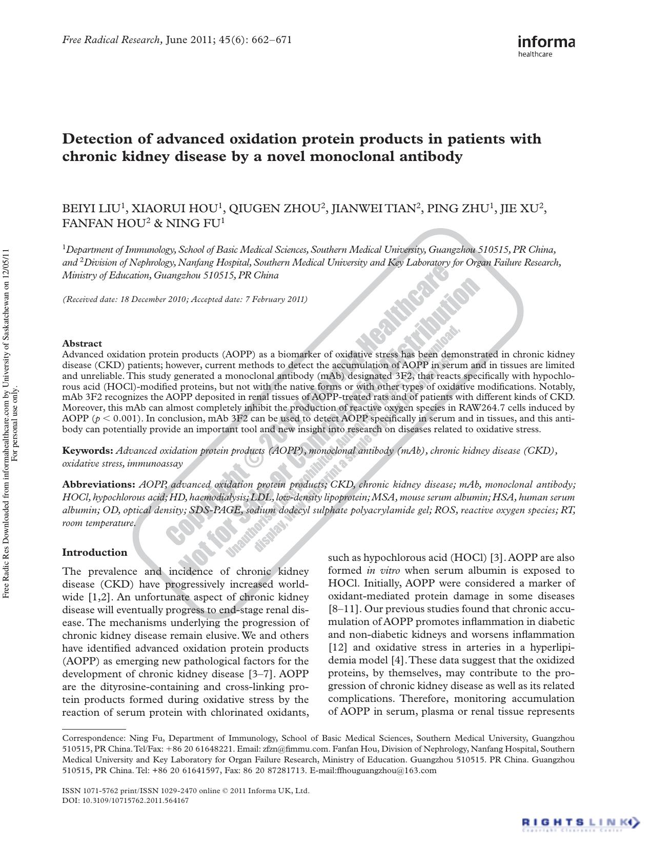 Detection of advanced oxidation protein products in patients with chronic kidney disease by a novel monoclonal antibody by unknow