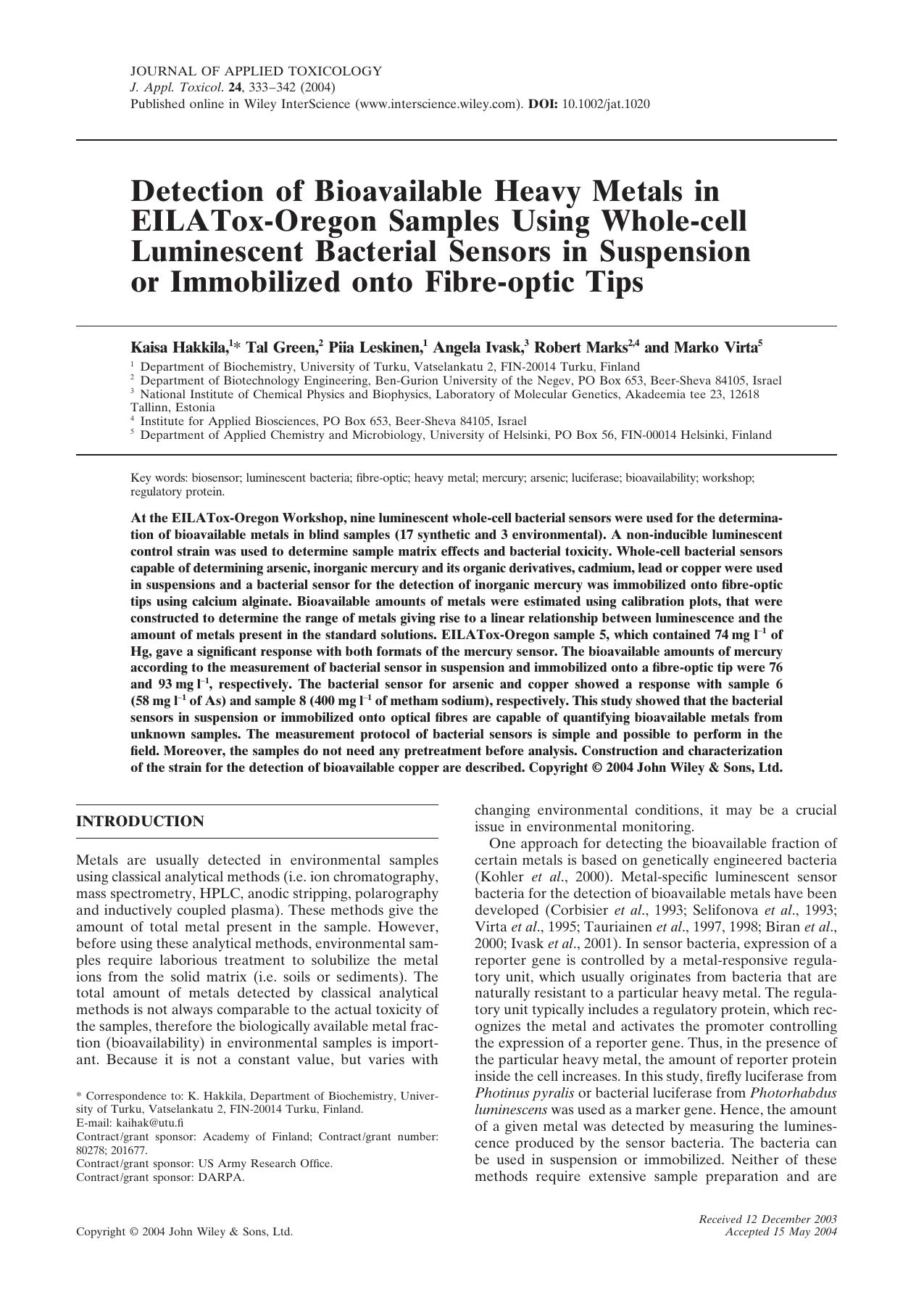 Detection of bioavailable heavy metals in EILATox-Oregon samples using whole-cell luminescent bacterial sensors in suspension or immobilized onto fibre-optic tips by Fuht