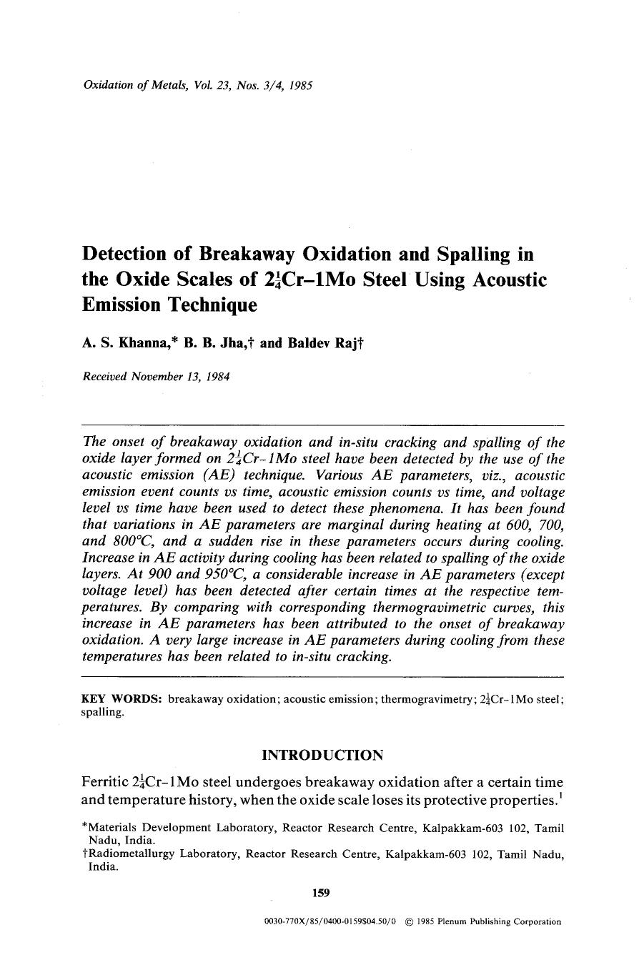 Detection of breakaway oxidation and spalling in the oxide scales of 2 14Cr-1Mo steel using acoustic emission technique by Unknown