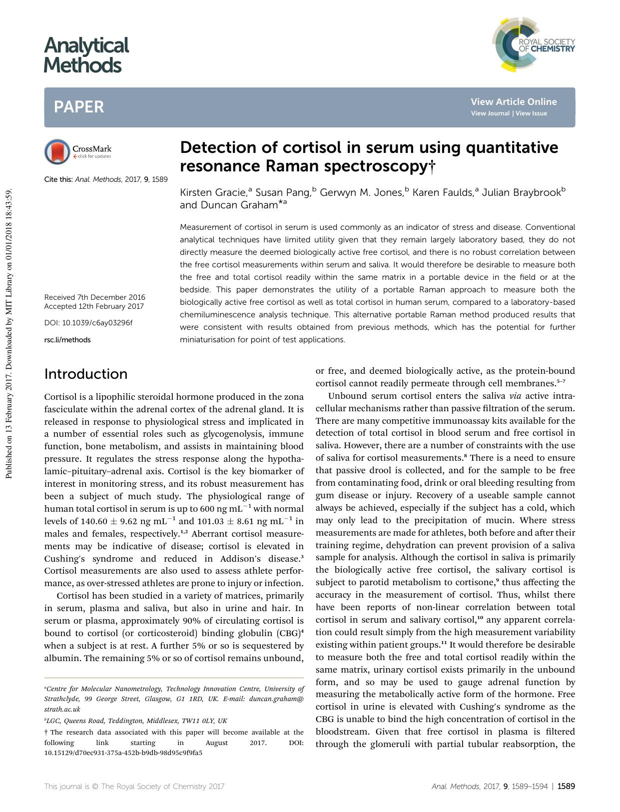 Detection of cortisol in serum using quantitative resonance Raman spectroscopy by Kirsten Gracie & Susan Pang & Gerwyn M. Jones & Karen Faulds & Julian Braybrook & Duncan Graham