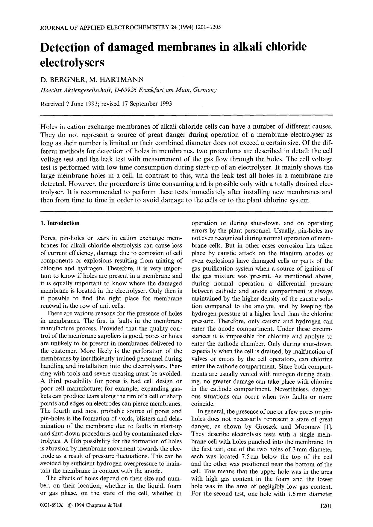 Detection of damaged membranes in alkali chloride electrolysers by Unknown