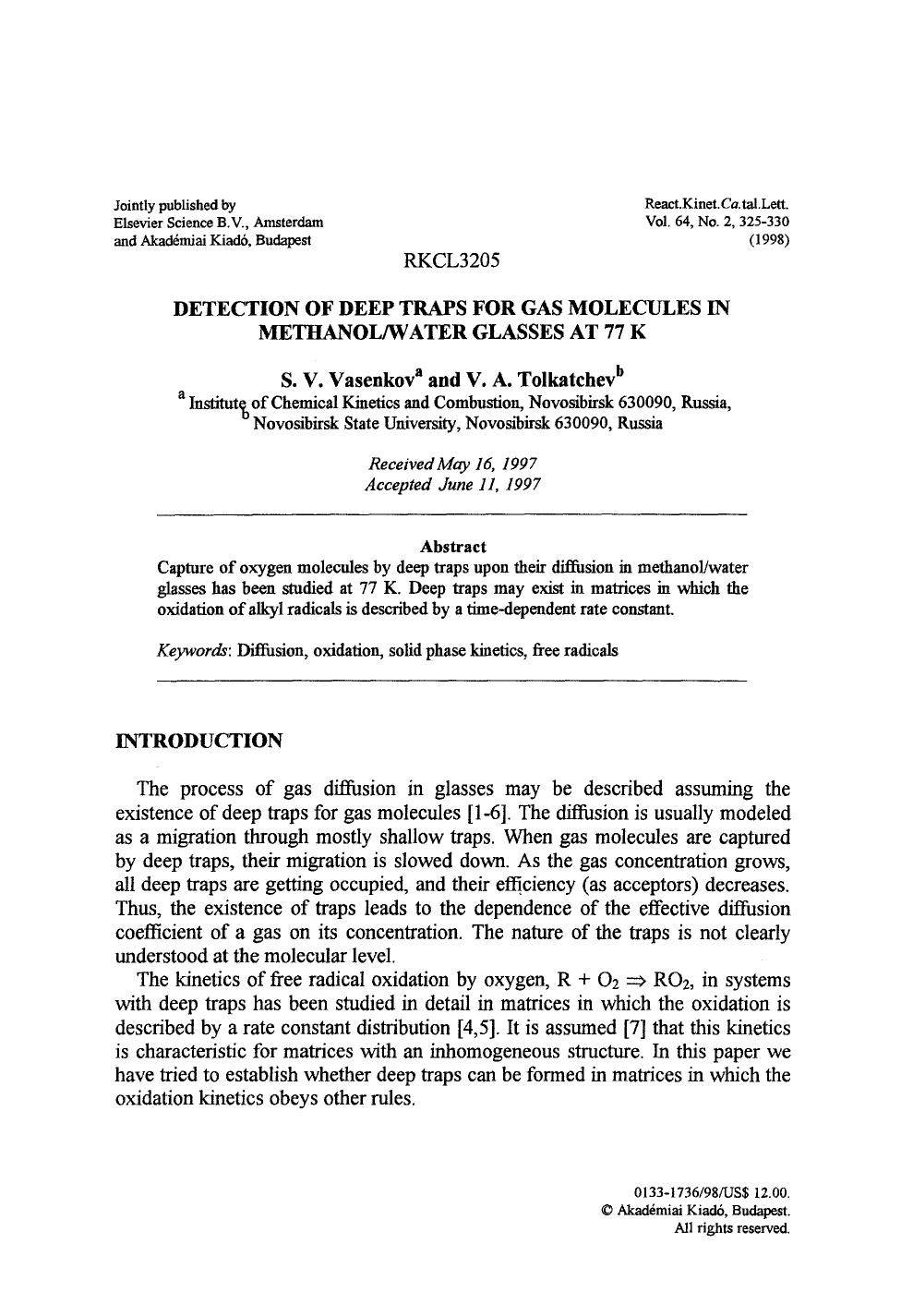Detection of deep traps for gas molecules in methanolwater glasses at 77 K by Unknown