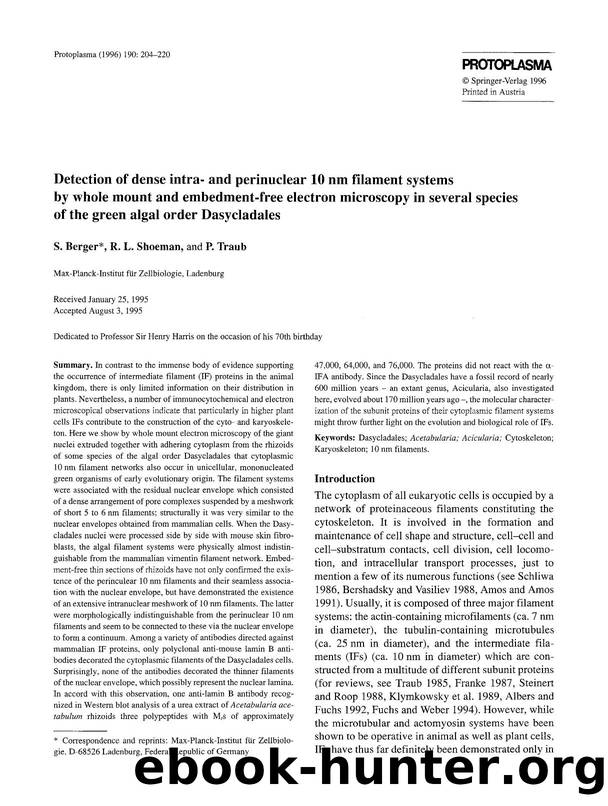 Detection of dense intra- and perinuclear 10 nm filament systems by whole mount and embedment-free electron microscopy in several species of the green algal order Dasycladales by Unknown