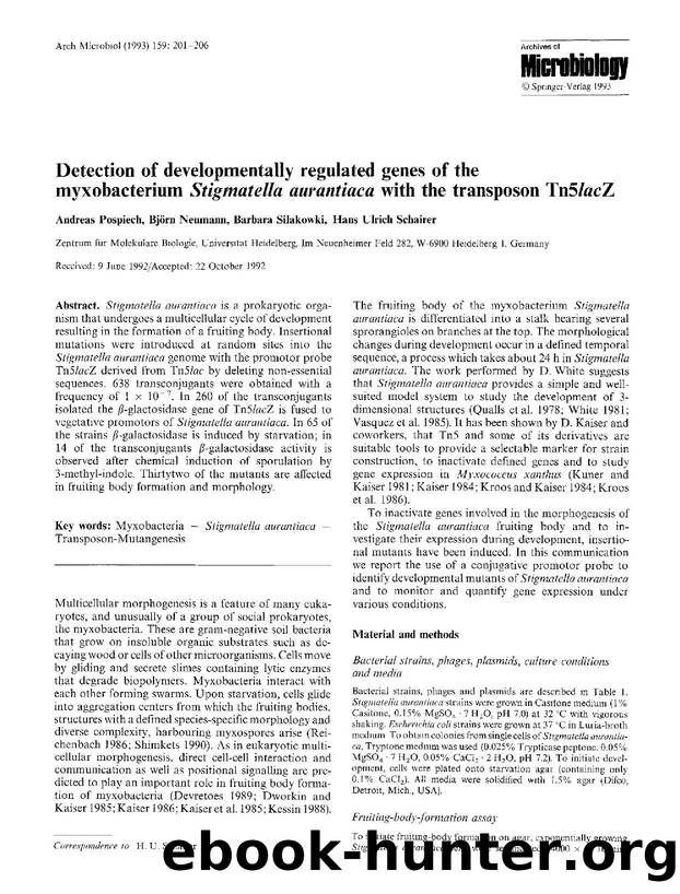 Detection of developmentally regulated genes of the myxobacterium <Emphasis Type="Italic">Stigmatella aurantiaca<Emphasis> with the transposon Tn5<Emphasis Type="Italic">lac<Emphasis>Z by Unknown